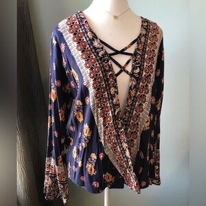 Angie Faux Wrap Boho Long Sleeve Blouse. Navy Floral. Large